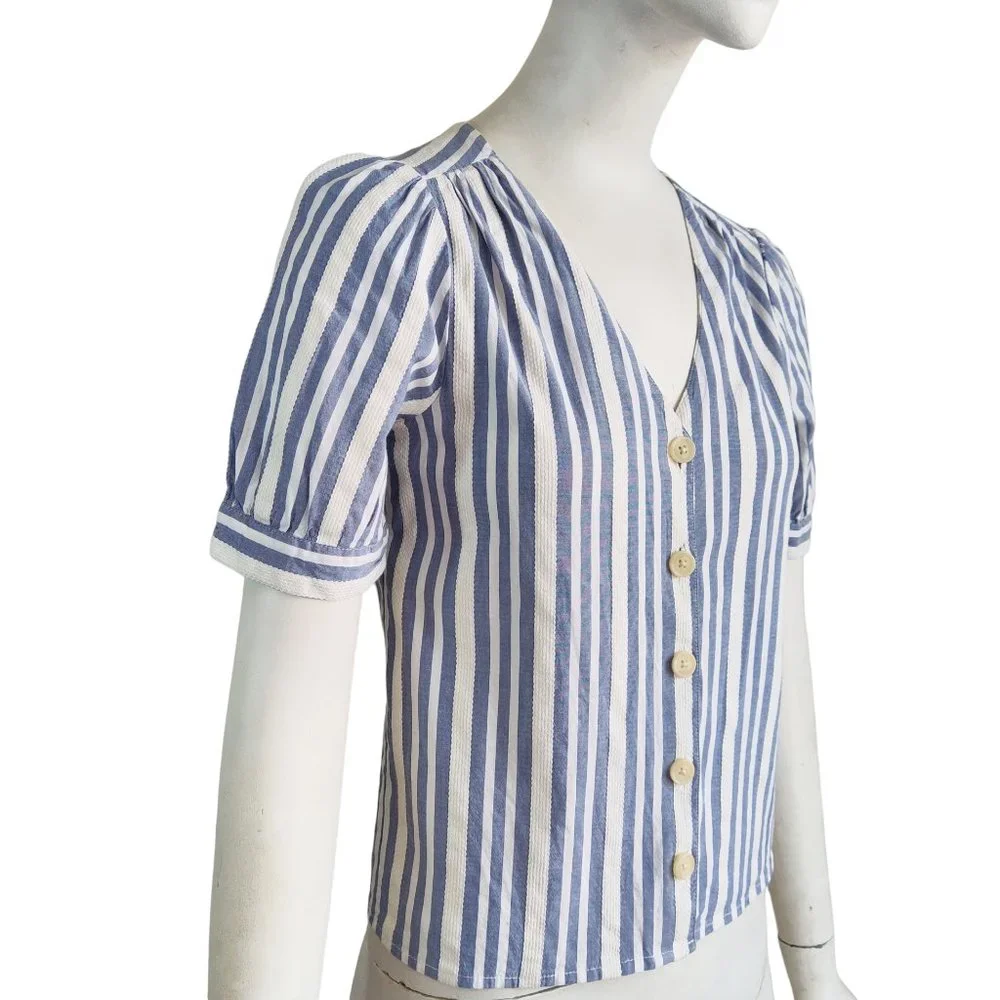 MADEWELL Plaza Coastal Coquette Stripe Button Front Cotton Viscose Blouse Sz XXS
